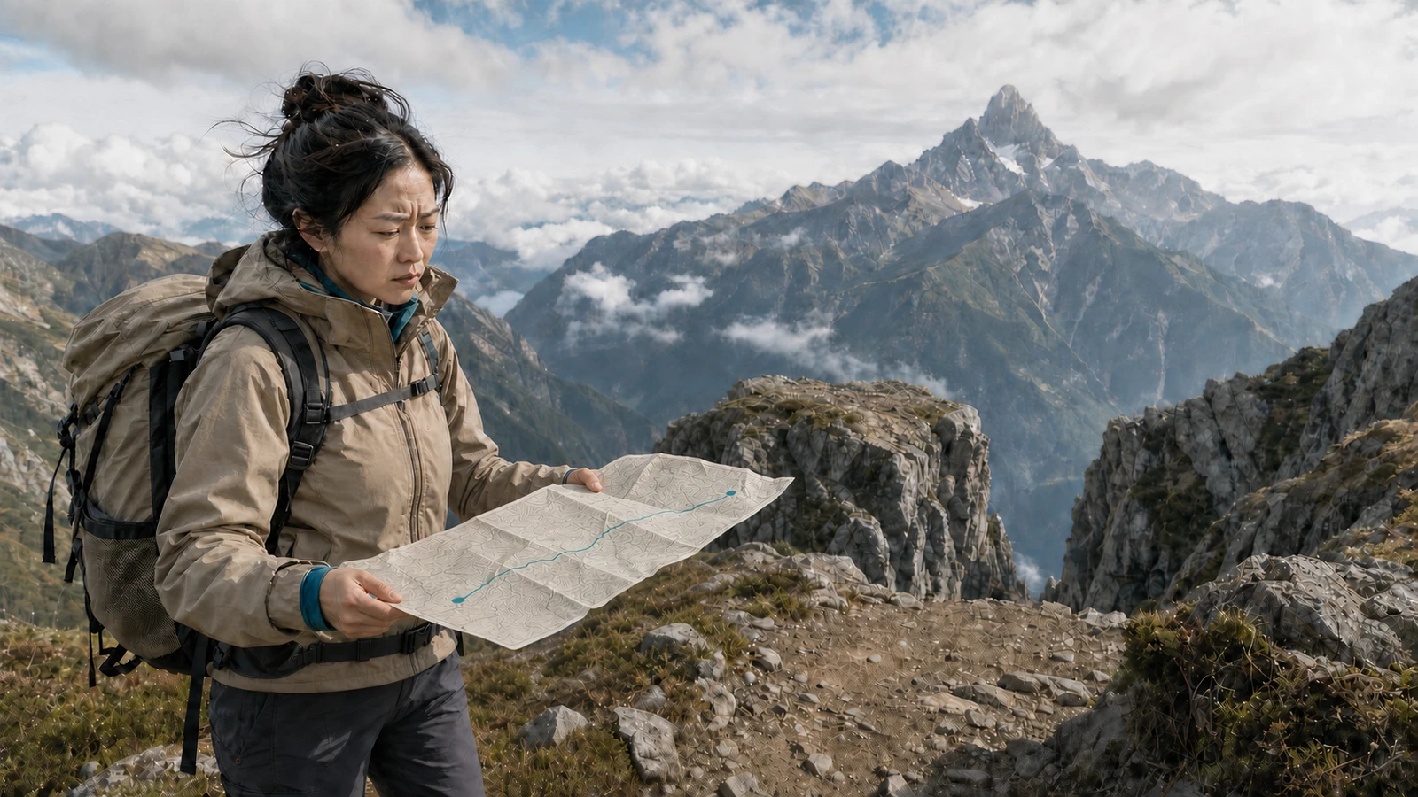 山で地図を手に迷っている女性